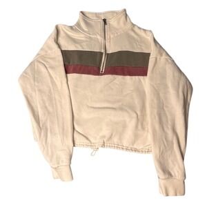 Cream Pullover Sweatshirt 1/4 Zip Striped‎ Cropped Athleisure